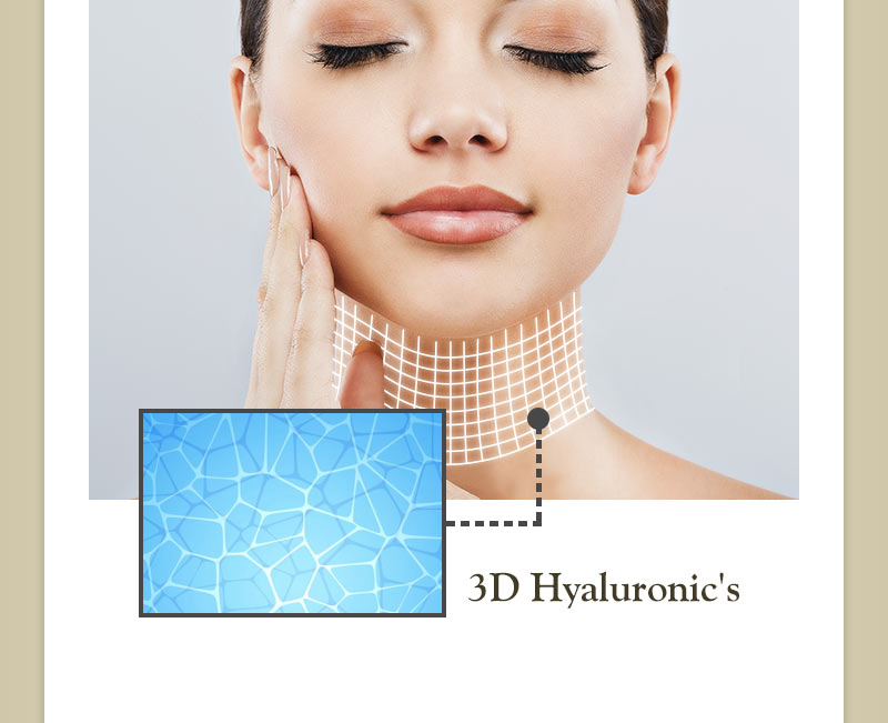 ヒアルロン酸が網目状につながった立体的な構造を持つ3Dヒアルロン酸。首にミストした瞬間にネット状に首に張り付き、未体験のハリを出します。